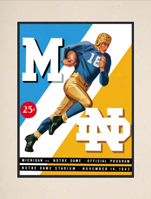 1942 Notre Dame Fighting Irish Vs Michigan Wolverinrs 10 1/2 X 14 Matted Historic Football Poster