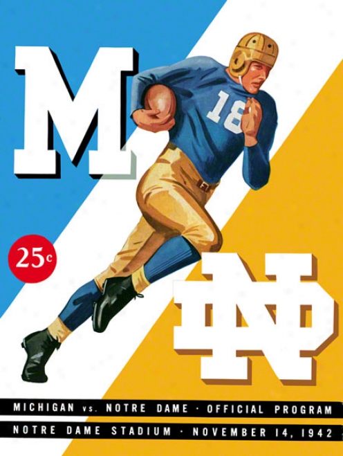 1942 Notre Dame Foghting Irish Vs Michigan Wolverines 22 X 30 Canvas Historic Football Poster