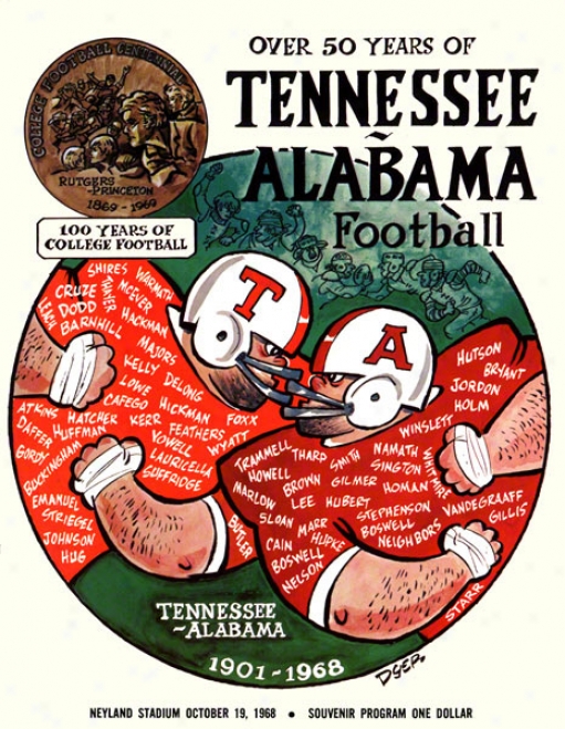 1968 Tennessee Vs Alabama 22 X 30 Canvas Historic Football Poster