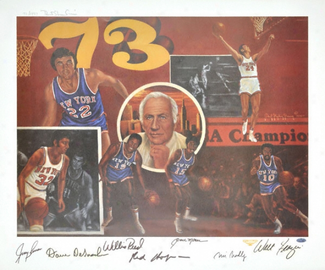 1973 New York Knicks Autographed Championship Lithograph With Seven Hall Of Fame Signatures - Le Of 1973