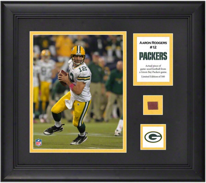 Aaron Rodgers Framed 8x10 Photograph  Detailq: Green Bay Packers, With Game Used Football Piece And Descriptive Plate