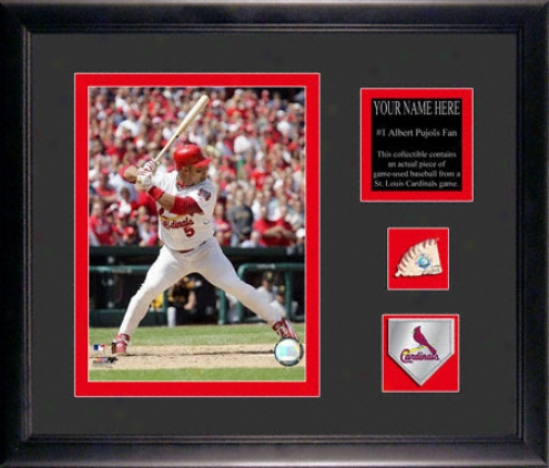 Albert Pujols Framed 6x8 Photograph With Personalized Plate, Game Used Baseball Piece And Team Medallion