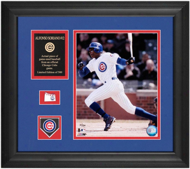 Alfonso Soriano Chicago Cubs Framed 8x10 Photograph With Game Used Baseball Piece And Descriptive Plate
