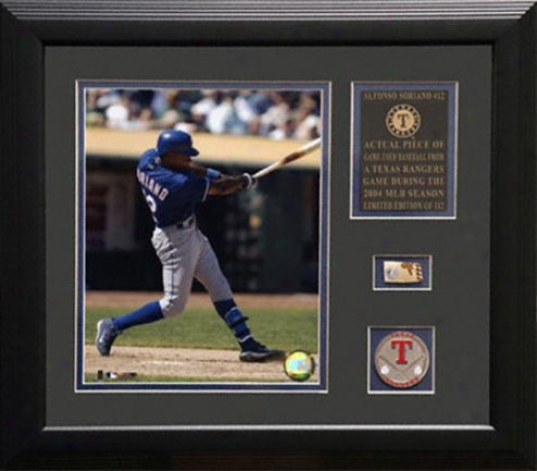 Alfonso Soriano Texas Rangers Framed 8x10 Photograph With Game Used 2004 Baseball Piece & Medallion