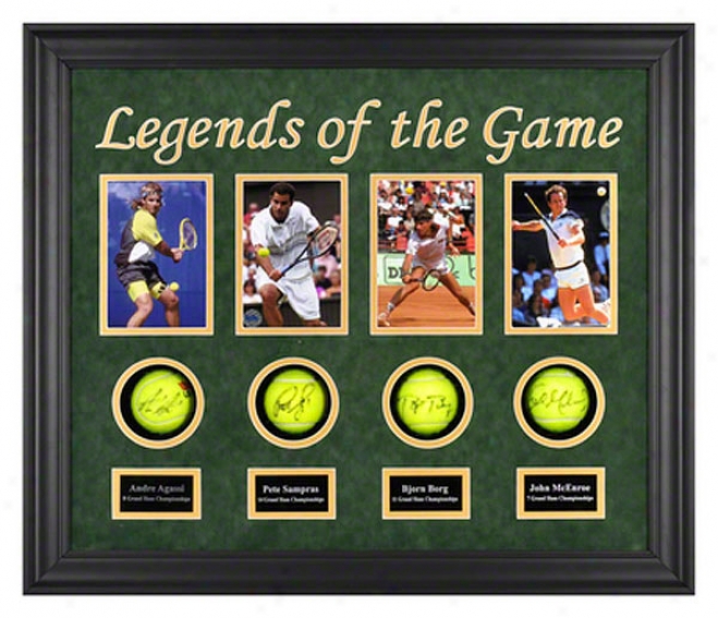 Andre Agassi, Pete Sampras, Bjorn Borg And John Mcenroe Legebds Of The Game Framed Autographed Tennis Balls With Photos