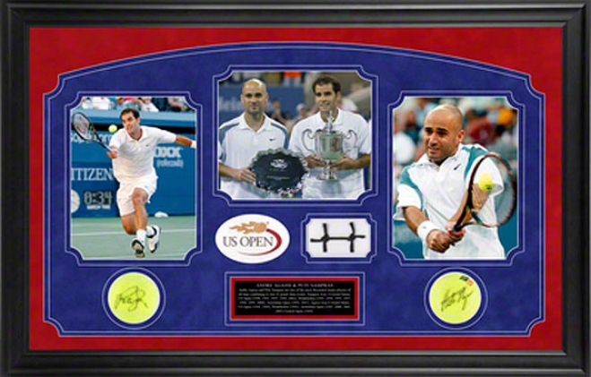 Andre Agassi & Pete Sampras Us Mild Framed Autographed Tennis Ball Attending Game Used Net And Photo