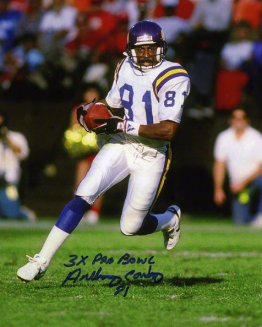 Anthony Carter Autographed Photograph  Details: 8x10, Minnesota Vikings, 3x Pro Goblet Inscription