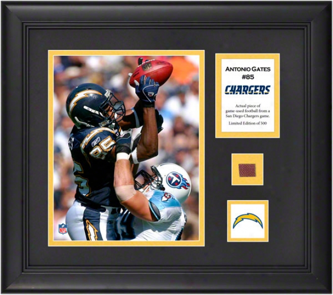 Antonio Gates Framed 8x10 Photograph  Particulars: San Diego Chargers, With Game Used Football Piece And Descriptive Plate