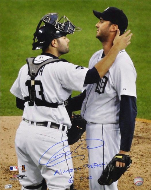 Armando Galarraga Detroit Tigers - Celebration - Autographed 16x20 Photograph With Almost Perfect 6-2-10 Inscription