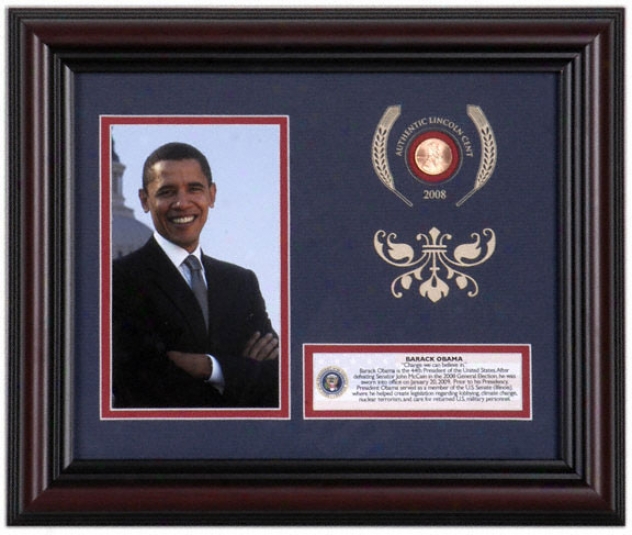 Barack Obama Framed 4x6 Photograph With 2008 Linvoln Penny