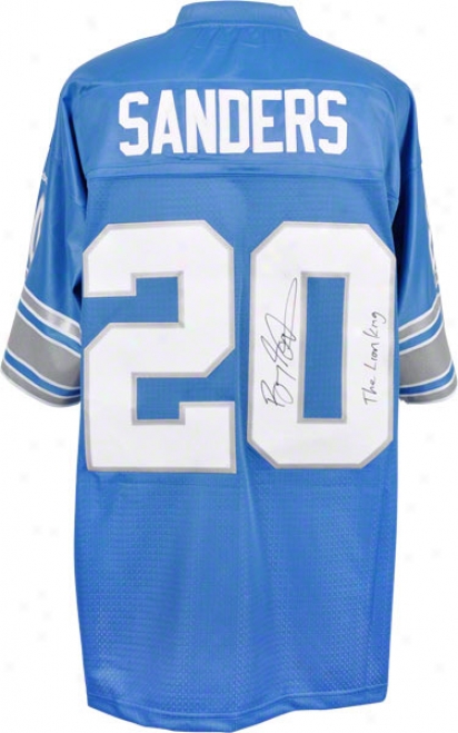 Barry Sanders Autographdd Jersey  Details: Detroit Lions, Blue, Lion King Inscription