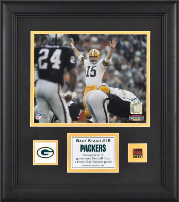 Bart Star Framed 8x10 Photograph  Details: Green Bay Packers, WithG ame Used Football Piece And Descriptive Plate