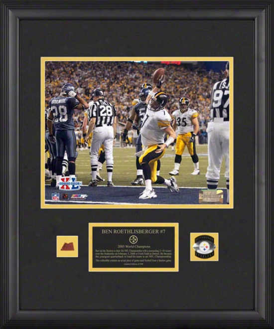 Ben Roethlisberger Pittsburgh Steelers - Super Bowl Xl Champions - Frajed 11x14 Photograph With Game Used 2005 Football