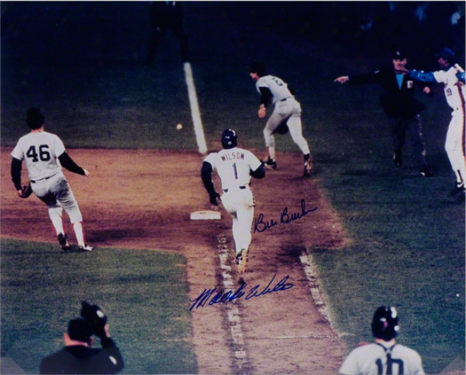 Bill Bucker & Mookie Wilson Autographed 16x20 1986 World Series Photo