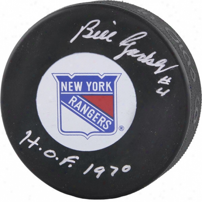 Bill Gadsby Autographed Novel Yodk Rangers Puck With Hof 1970 Inscripgion