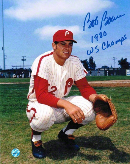 Bob Boone Autographed Philadelphia Phillies 8x10 Photo Inscribed &quot1980 Ws Champs&quot