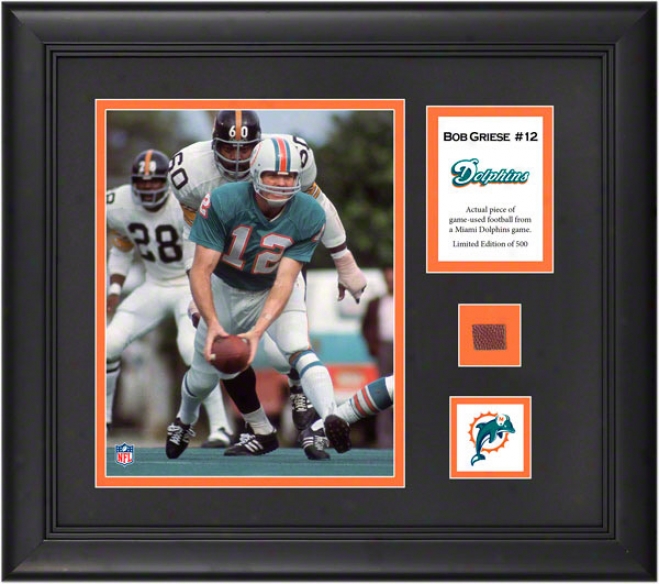 Bob Grieze Framed 8x10 Photograph  Dtails: Miami Dolphins, With Game Used Football Piece And Descriptive Plate