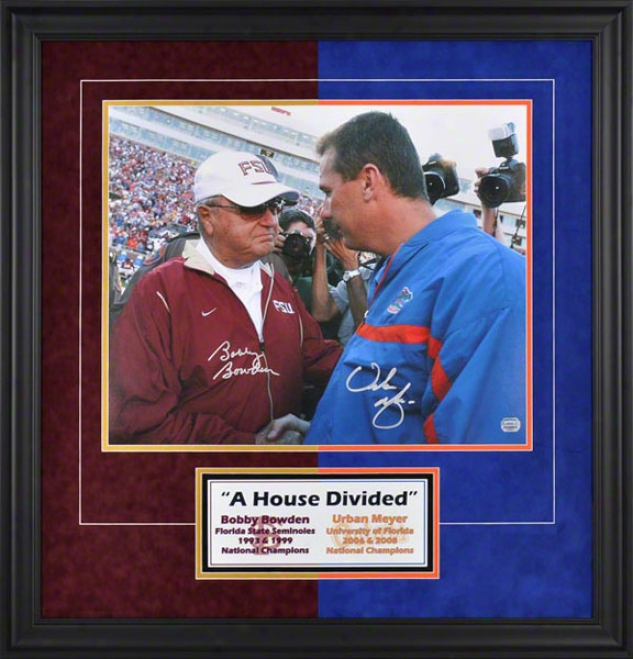 Bobby Bowden And Urban Meyer Autographed 16x20 Photograph  Details: Seminoles And Gators, &quota Lineage Divided&quot Two-tone With Suede