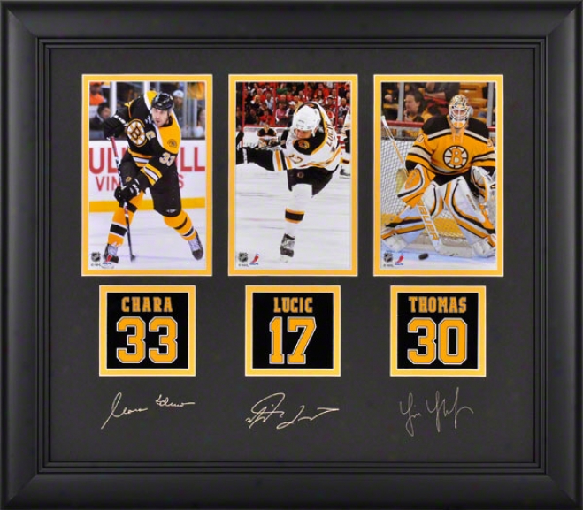 Boston Bruins Framed Photographs  Details: Zdeno Chara, Milan Lucic, Tim Thomas, Facsimilw Signatures, Jersey Back Replica Miniatures