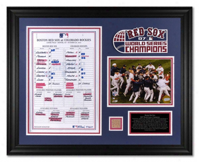 Boston Red Sox - 2007 World Series Game 4 - Framed Photograph With Line Up Card, Game Used Dirt And Team Logo