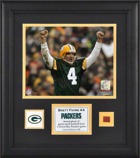 Brett Favre Framed 8x10 Pohtograph  Details: Green Bay Packers, With Game Used Football Piece And Descriptive Plate