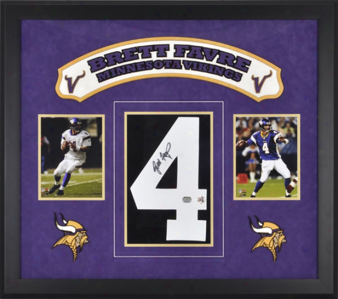 Brett Favre Mlnnesota Vikings Framed Autographed Jersey Number With Two Photographs And Laser Engraved Logo Art