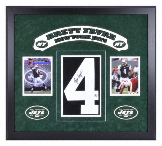 Brett Favre New York Jets Deluxe Framed Autographed #4 Jersey Number With Twi 6x8 Photographs