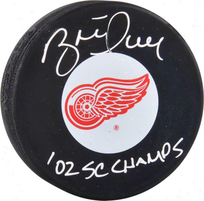 Brett Hull Autographed Detroit Red Wings Logo Hockey Puck  Details: 02 Sc Champs Inscription