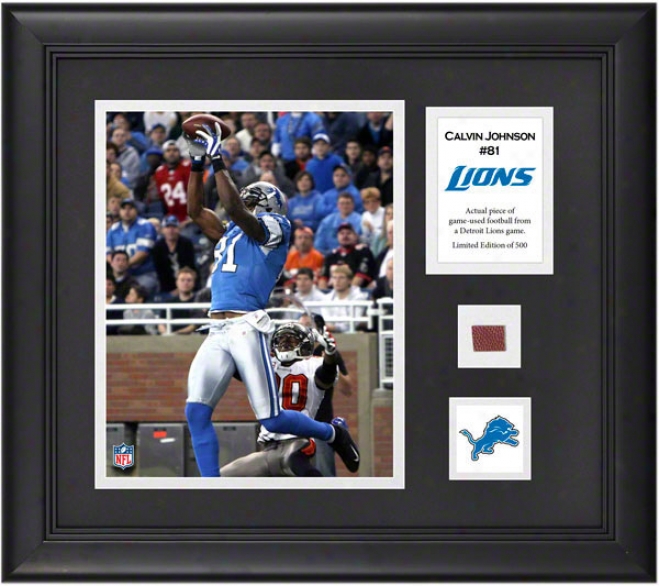 Calvin Johnson Framed 8x10 Photograph  Details: Detroit Lions, With Game Used Football Piece And Descriptive Plate