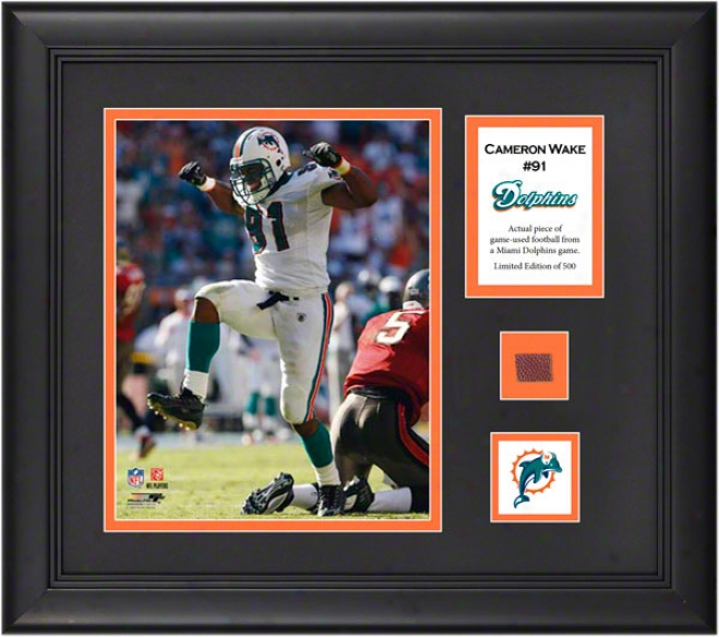 Cameron Wake Framed 8x10 Ph0tograph  Details: Miami Dolphins, With Game Used Football Piecs And Descriptive Plate