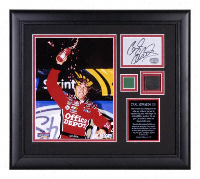 Carl Edwards - 2008 Bristol - Framed 8x10 Phootgraph With Autographed Card, Tire And Flag