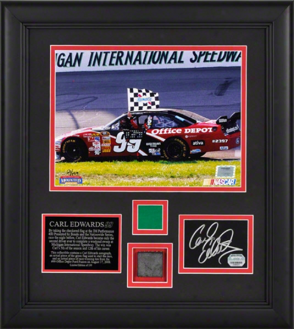 Carl Edwards - 3m Performance 400 Winner - Framed Autographed Cad With 8x10 Photograph And Race Used Tire And Flag Pieces