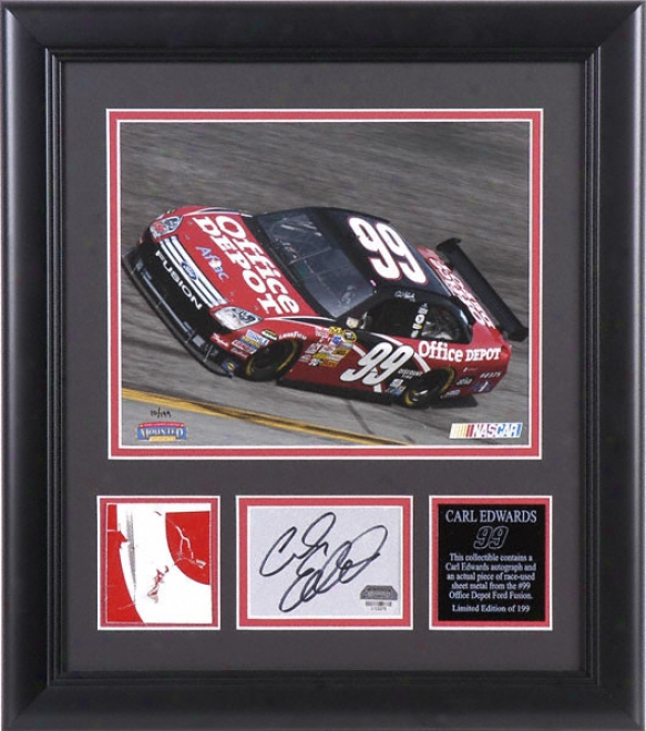 Carl Edwards - Laserchrome - Framed 8x10 Photograph With Autograhped Card, Race Used Metal Piece And Plate