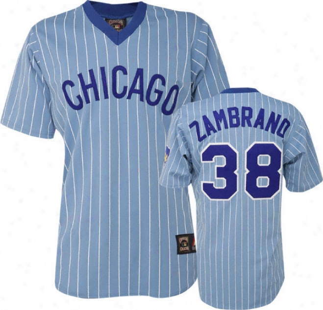 Carlos Zambrano Blue Majestic Light Pinstipe Cooperstow nReplica Chicago Cubs Jersey