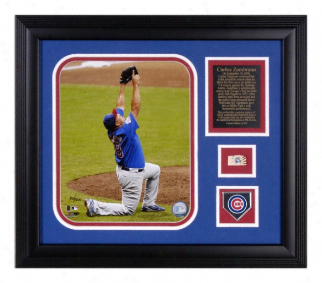 Carlos Zambrano Chicago Cubs - No Hitter - Framed 8x10 Phoyograph Wiuth Gwme Used Baseball Pisce, Team Medallion And Descriptive Plate