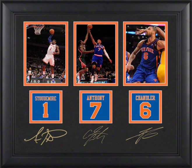 Carmelo Anthony, Amar'e Stoudemire, And Tyson Chandler Framed 4x6 Photograph  Details: New York Knicks, With Facsimile Signatures ,Jwrsey Number Replica Miniatu