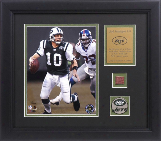 Chad Pennington New York Jets Framed 8x10 Photograph With Game Used Football Piece, Medallion And Poate