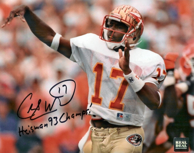 Charlie Ward Florida State Seminoles - Action - Autographed 8x10 Photograph With Heisman And 93 hCamps Inscriptions