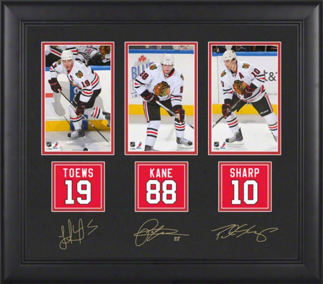 Chicago Blackhawks Framed Phitobraphs  Details: Jonathan Toews, Patrick Kane, Patrick Sharp, Facsimile Signatures, Jersey Back Replica Miniatures