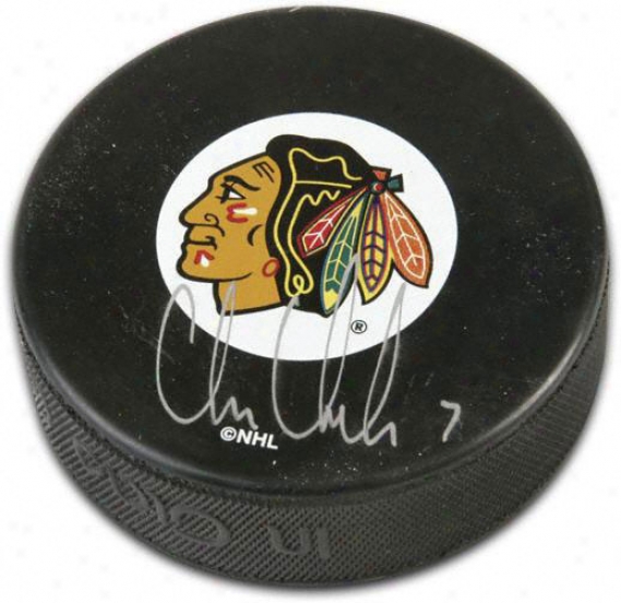 Chris Chelios Chicago Blackhawks Autographed Logo Hockey Puck