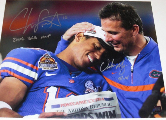 Chris Leak And Urban Meyer Florida Gators 2006 National Championship Dual Autographed 8x10 Photograph With 2006 Bcs Mvp And 41-14 Inscriptions