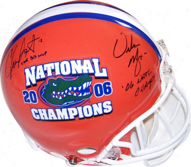 Chris Leaking And Urban Meyer Florida Gators Dual Autographed National Cgampionship Logo Helmet With 2006 Bcs Mvp And 2006 Champs Inscirptions