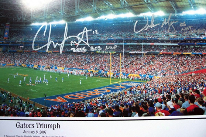 Chris Leak And Urban Meyer Florida Gators - National Championship - Dual Autographed 13x39 Panoramic Photograph With 2006 Champs! And 06 Nat Champs Inscriptions