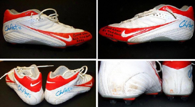 Chris Leak Florida Gators Autographed Quarry Worn Shoes With Game Worn Bcs Title Game 2006 Inscriotion