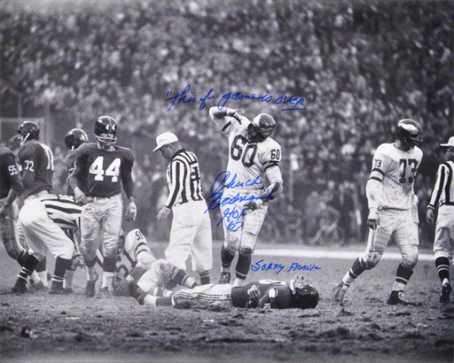 Chuck Bednarik Autographed 16x20 Photograph  Details: Philladelphia Eagles, Horizontal, Over Frank Gifford, With &quothof 67 / This F€ Game Is Over! Grieved Fran