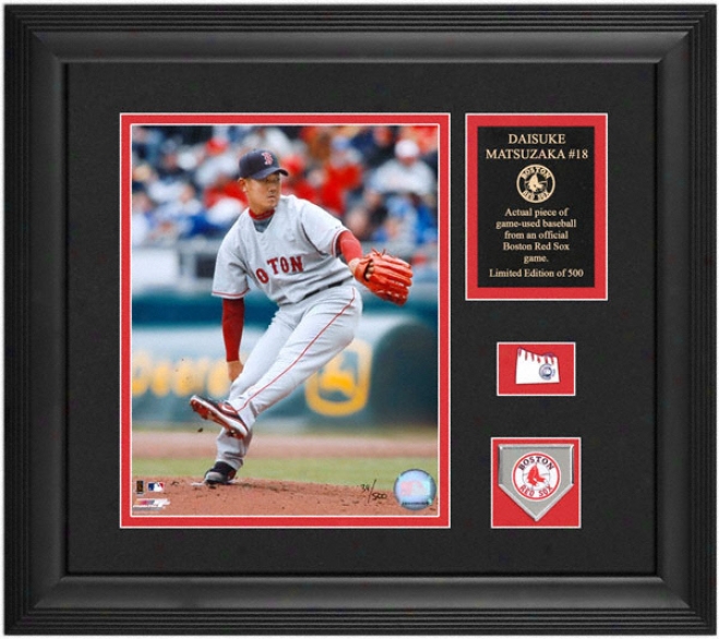 Daisuke Matsuzaka Boston Red Sox 8x10 Framed Photograph With Game Used Baseball Piece, Team Medallion And Descriptive Plate