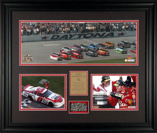Dals Earnhardt Jr. - 2004 Daytona 500 Champion - Framed Mini Panoramic Photograph And 2 6x8 Photographs With Piece Of Daytona International Follow