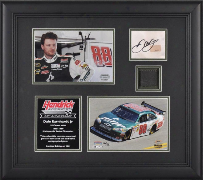 Dale Earnhardt Jr.H endrick Motorsports 25th Anniversary Framed Collectible With Race Used Tire Piece And Signature.