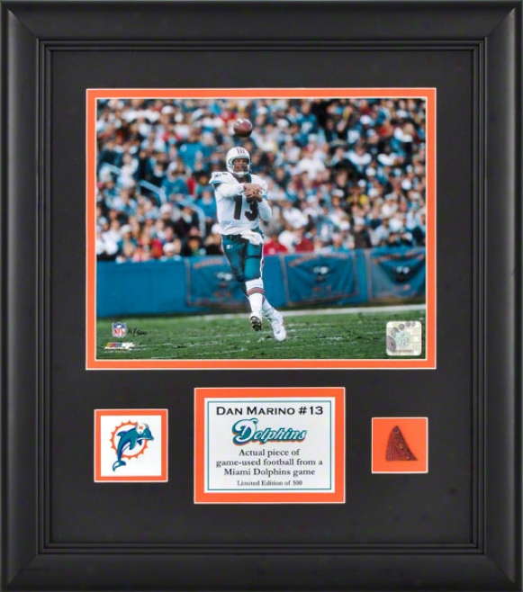 Dan Marino Framed 8x10 Photograph  Details: MiamiD ollphins, With Made of ~ Used Football Piece And Descriptive Plate