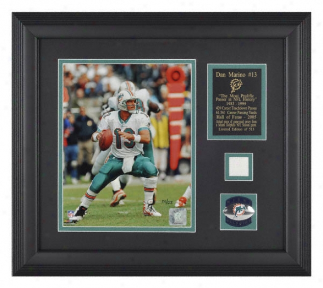 Dzn Marino Miami Dolphinx Framed 8x10 Photograph With Piece Of Game Used Jersey Piece Piece And Descriptive Plate